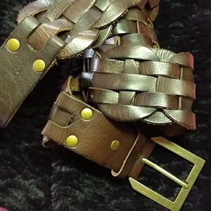 Vintage Brown Leather Woven Belt Brass Buckle